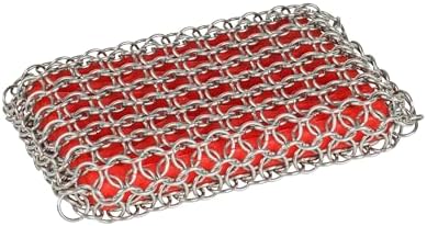 Lodge Chainmail Scrubber for Cast Iron Pans - Heavy Duty Stainless Steel Scrubbing Pad for Skillets, Dutch Ovens & Griddle Pans - Essential Cast Iron Cleaning Tool - Red