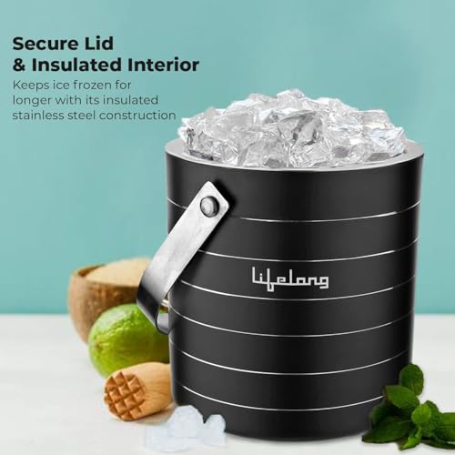 Image of Lifelong 1.5L Stainless Steel Double Walled Ice Bucket with Tong & Lid| Ice Box for Home, Bar, Parties & Gifting| Black Ring Design| Rustproof Ice Container with Handle for Whiskey, Cocktails & Drinks
