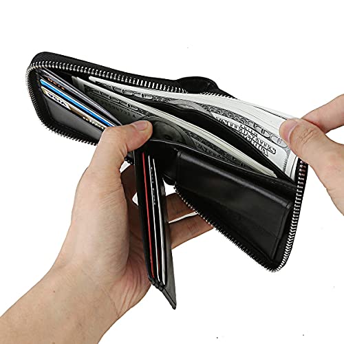 Calfart Slim Zipper Wallets For Men Rfid Leather Mens Bifold Creidt Card Holder Zip Around Wallet With Coin Pocket #TOP4
