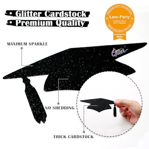 Image of Qttier 12pcs Graduation Cap Confetti Black Glitter, Big Size 4 inches | Congrats Grad Party Decorations Graduation Table Decor Class of 2026 High School College Grad Party Supplies
