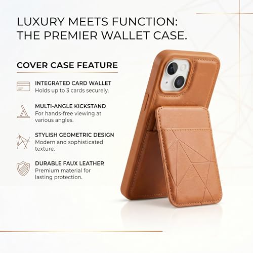 Image of amazon basics Premium Vegan Leather Back Cover with Card Holder and Integrated Mobile Stand for iPhone 15 - Slim Shockproof Wallet Case with Geometric Stitching [Tan]