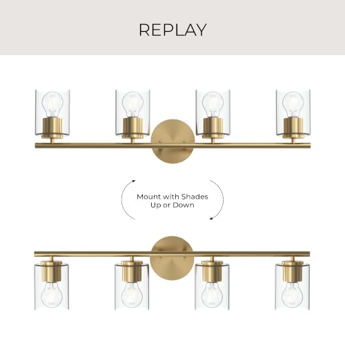 Image of Progress Lighting Replay 31.125 Inch 4-Light Vanity Light, Transitional, Brushed Gold with Clear Glass Shades, (7.875 inch H x 31.125 inch W x 6 inch D), P300584-191