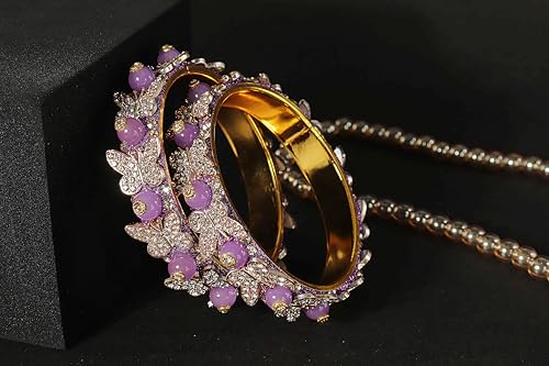 Image of LAVAZZA Stylish Butterfly Design Golden Metal with Zircon Diamond & Pearls Moti Bangles Kada For Women & Girls | Traditional Girl's Bangles Bracelet | Women's Kangan Wedding, Party-Set of 2