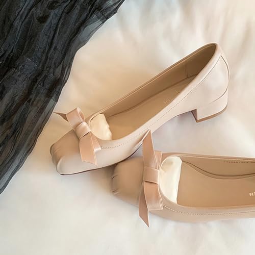 Women's Genuine Leather Bow Tie Low Chunky Block Heel Pumps Fashion Closed Square Toe Slingback Slip On Work Pumps Wedding Party Business Dress Shoes3