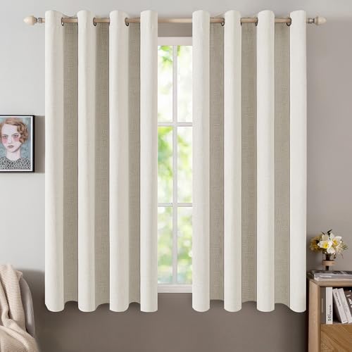 Image of MIULEE Linen Texture Curtains for Bedroom Solid 100% Blackout Thermal Insulated Linen Beige Curtains Grommet Room Darkening Drapes for Living Room 52x63 Inch (2 Panels)