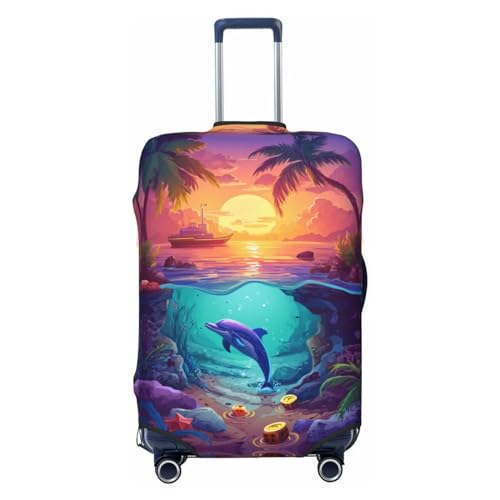 VOSERY Travel Luggage Cover - Hawaiian Island Dolphin Washable Suitcase Covers Protector Fits 18-32 Inch Luggage