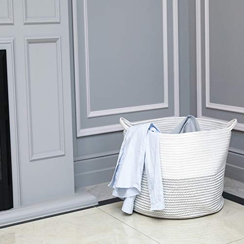 YCOCO Extra Large Storage Baskets with Handles,Decorative Large Rope Blanket Basket for Living Room,Baby Pillows and Towelsand Dog Toy Storage Baskets,21.7\"x13.8\",White