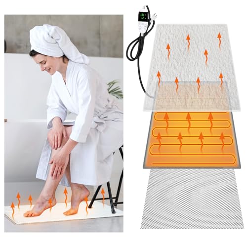 Glooglitter Heating Pad for Bathroom Rugs Mat Adjustable Temperature (86-141) and Time (1-12h) Waterproof Heated Floor Mat with Non-Slip Mat Keep Dry Winter Bathroom Bath Mat 15.75 x 23.62