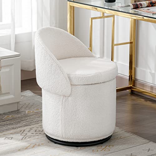 DUOMAY Modern Round Swivel Vanity Storage Stool with Foldable Backrest, Upholstered Ottoman with Removable Lid, Footrest Makeup Stool for Living Room Bedroom, Sherpa White