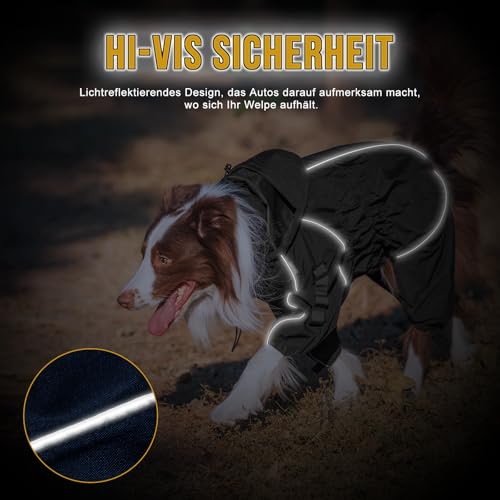 OneTigris Regenmantel Hund, RIDERSTORM Regenjacke wasserdichte Kältebeständig mit Abnehmbarer Kapuze Reflektierender Verstellbarer Hunderegenjacke Maschinenwaschbar Schwarz M