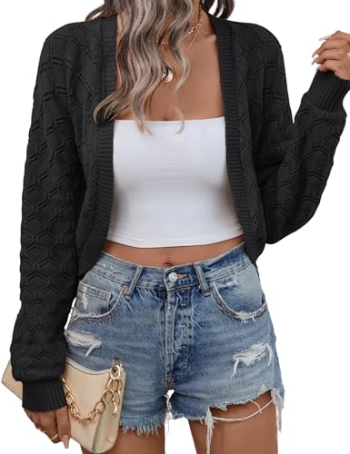 Kistore Bolero Cardigans for Women UK Elegant Women's Shrugs for Dresses Knit Open Front Jacket Long Sleeve Cropped Sweater Black L