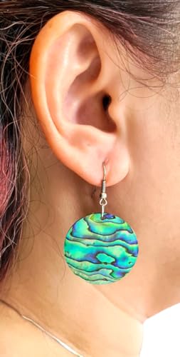 Iridescent Paua Abalone Shell Earrings, Round Natural Abalone Earrings for Women, Handmade Dangle Drop Seashell Earrings Fashion Jewelry CA321-A4