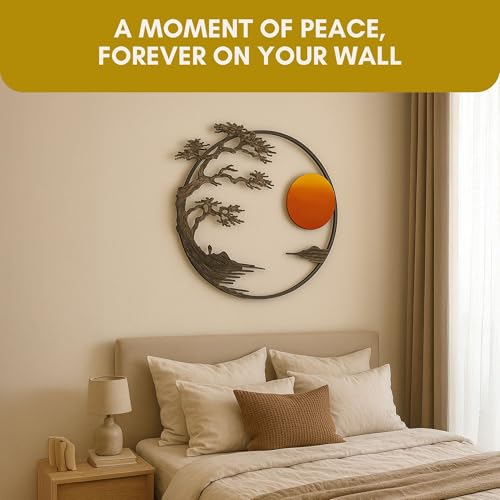 Image of RAZISH Sunset Serenity metal Wall Art | Abstract Sun Wall Decor | Modern Handcrafted Luxury Designer Sun Iron Wall Decor | Perfect for Living Room, Drawing Room, Hotel, Restaurant (Brown Leaves)