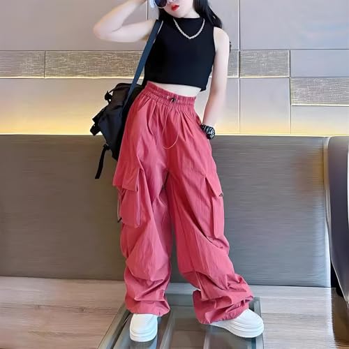 Cargo Pants for Girls Elastic High Waist Joggers Y2K Baggy Parachute Sweatpants Adjustable Drawstring Pockets2