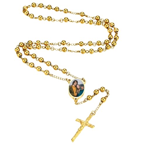 MMXX Collar Rosario Personalizado con Foto Texto para Hombres Mujeres Collar Cruz Católica Cuentas de Oración Católicas Personalizadas Colgante Crucifijo Regalos Religiosos - Oro