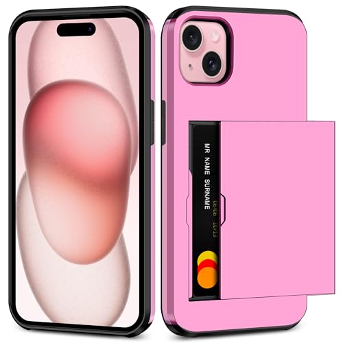 SAMONPOW for iPhone 15 Case Wallet Card Holder Heavy Duty Protective Dual Layer Shockproof Wallet Case Hidden Card Slot Slim Phone Case for iPhone 15 (Pink)