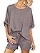 Tankaneo Schlafanzug Damen Kurz Zweiteiliger Pyjama Set Rundhals Kurzarm Sommer Nachtwäsche Locker Lässig mit Kordelzug Graubraun M
