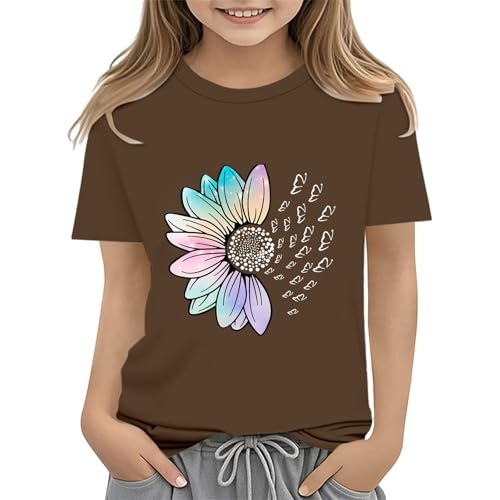 Girls Loose Fit Sunflower Graphic T Shirts Short Sleeve Crewneck Cute Pattern Printed Tops Kids (A-Coffee, 12-13 Years)