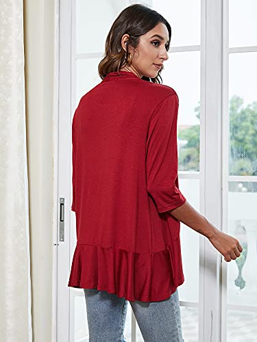 Image of Chunoy Women Solid 3 /4 Sleeve Duster Ruffles Causal Lightweight Kimono Cardigan Open Front Blazer Sweater Tops Wine Red Small
