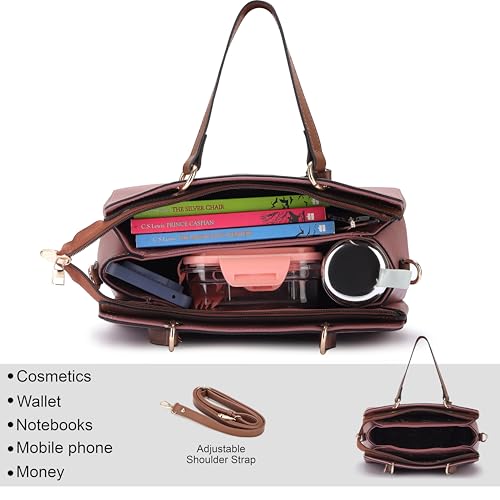 Image of HAWKWOOD Women's Premium PU Leather Structured Handheld Bag with Adjustable Shoulder Strap | Multi-Compartment Office & Casual Tote | Elegant Top Handle Purse for Daily Use