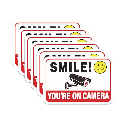 6PCS Smile Your On Camera Sign Sticker Self-Adhesive Waterproof Red Security Camera Sign You Are Being Recorded for Home Office Shop Door5.9 x 3.9