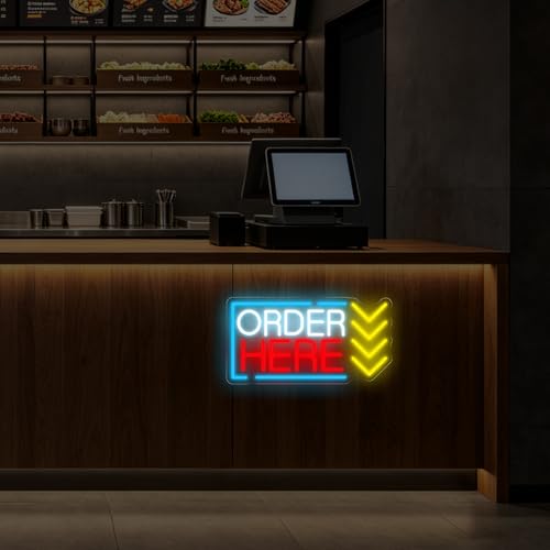 Image of Order Here Neon Sign Coffee Restaurant Ordering Area LED Light | Shop Opening Gift USB Powered Dimmable Oder Sign Cafe Bar Decor Business Wall Decoration 16.5 inchx8.7 inch