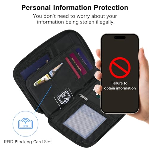 MoKo Family Passport Holder for 5, RFID Blocking Passport Wallet for Men Women, Travel Wallet Holder with Multiple Compartments, Travel Document Organzier for Cards, ID, Tickets, Keys, Black3