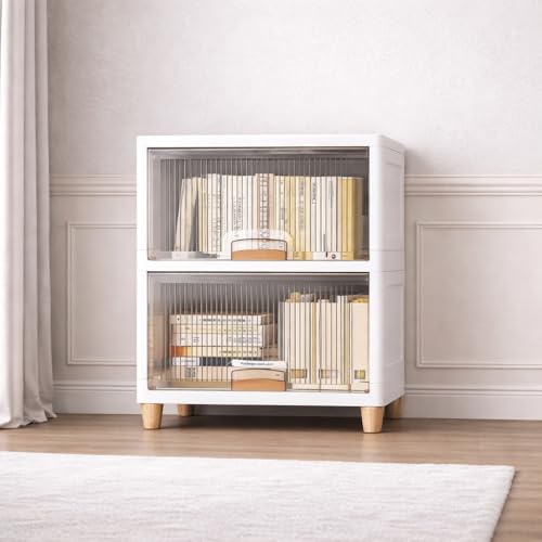 Image of 2 Pack Plastic Cupboard for Storage, Multipurpose Stackable Cabinet Drawer, Foldable Wardrobe Organizer for Clothes, Kitchen Storage Cabinet, Modular Almirah with Magnetic Doors, Wheels (Beige)