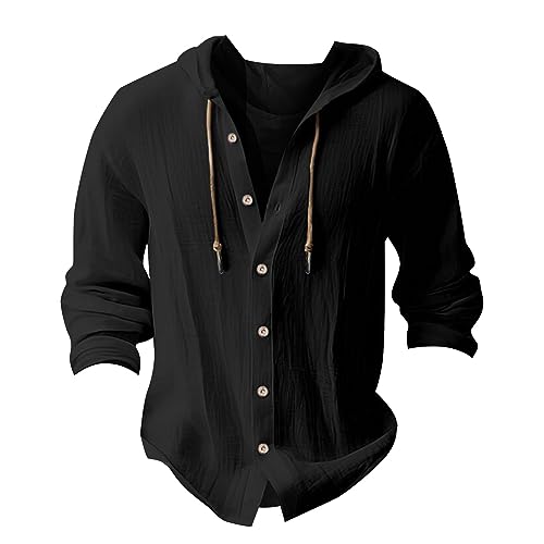 Mens Cotton Linen Hoodie,Long Sleeve Lightweight Breathable Hooded Button Down Shirt Spring Fall Casual Top3