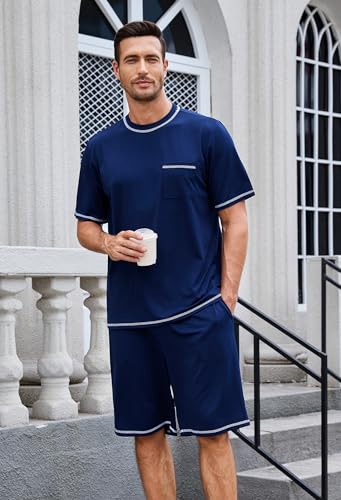 Mens Pajama Set, Soft Short Sleeve Lounge Set Pullover Pjs 2 Piece Outfits with Pocket2