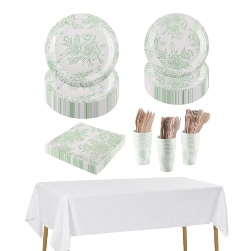 CEILIWEN Service de table 212 pièces en papier vert sauge pour 30 invités comprenant assiettes, tasses, serviettes, couverts et nappes pour thé élégant de...