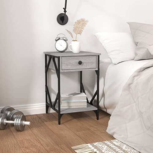 ULUYYUC Mesita de noche Sonoma gris 40 x 42 x 60 cm moderna de madera con marco de hierro, espacio de almacenamiento, cajón, mesa auxiliar para dormitorio, salón, oficina
