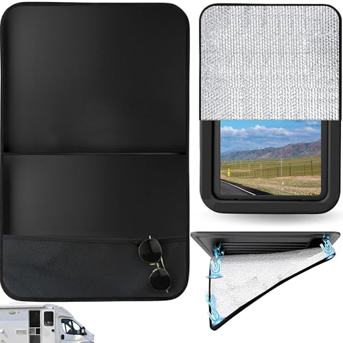RV Window Shade Blackout Cover with Storage Pocket, 3-Layer Reflective Insulation, Foldable Magnetic Sun Blocker for RV Door & Windows,UV Protection with Strong Magnets & Hook and Loop