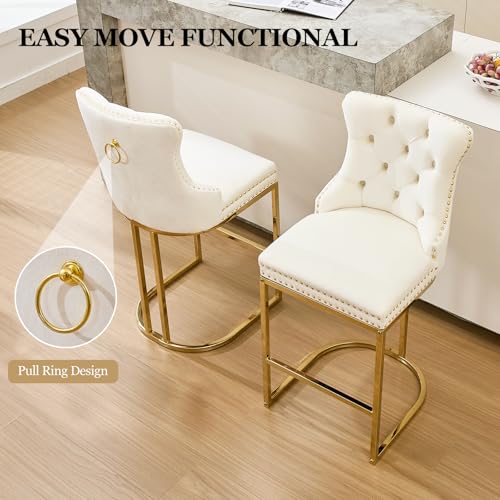 Image of UVV Counter Height Bar Stools Set of 2, 26 inch Modern Barstools with Back, Velvet Upholstery Counter Chairs with Metal Legs for Kitchen Island, Bar, Counter, Beige
