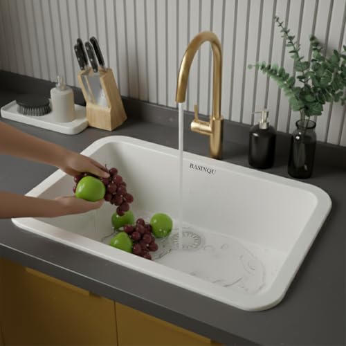 Image of BASINQU Quartz Sink for Kitchen | 24x18x9 Inches White Single Bowl Sink For Kitchen Basin Round Corner Kitchen Sink | Granite UV Protected Scratch Resistant, Undermount /Topmount Kitchen Sinks