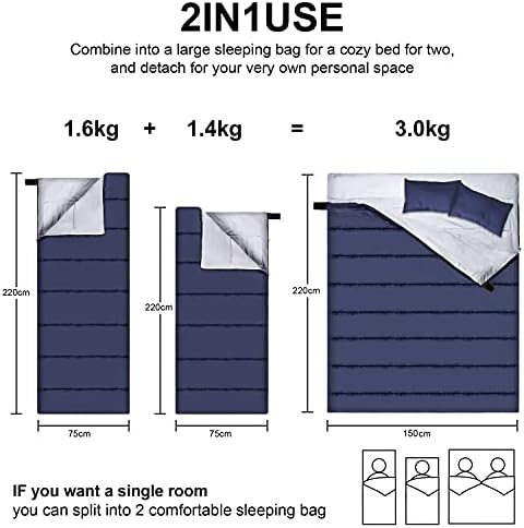 Forinbuy Double Sleeping Bags for Adults 3 Season Sleeping Bag Waterproof Compact Two Single Lightweight Envelope Sleeping Bags with Two Camping Pillows for Adults Queen Size 230x150cm 190T Liner