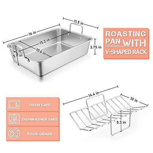 Leonyo Roasting Pan With V-Shaped Rack, Stainless Steel Rectangular 16” Turkey Roaster Pan With Handles For Chicken Lasagna Vegetables Brownie, Non-Stick Roasting Rack, Heavy Duty Dishwasher Safe #TOP1
