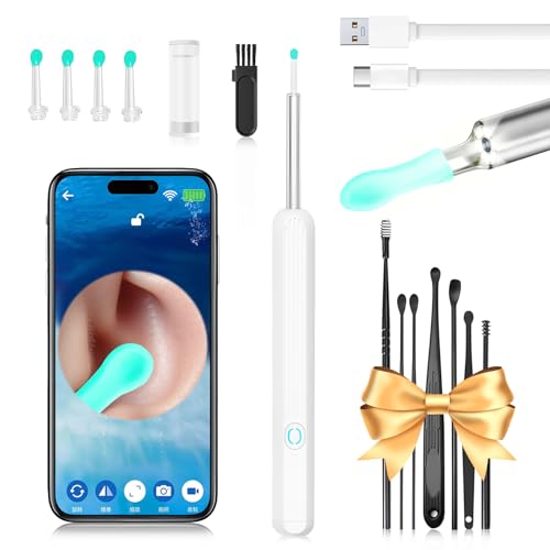 Robofun Otoscopio con limpiador de cerdas, limpiador de oído con cámara, limpiador de oído HD con WiFi y ángulo amplio de 360°, 6 LED, adecuado para bebés, niños y adultos (blanco)