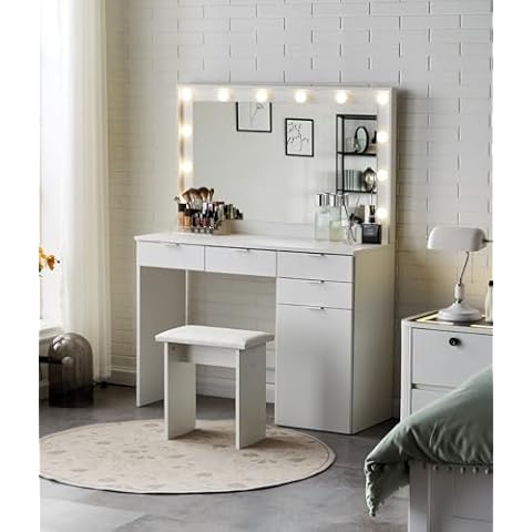 TUKAILAi Coiffeuse avec Miroir LED et Tabouret Adulte 105 * 40 * 140CM Cover