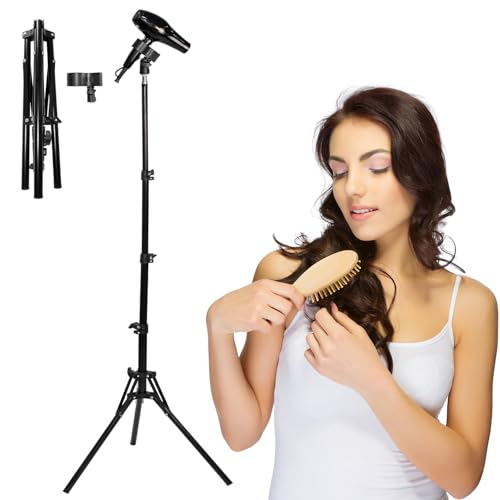 BINIMBER Hair Dryer Stand - 64.5 inch Height Adjustable Hands-Free Lazy Blow Dryer Holder with 180 Degrees Rotatable Larger Clamp Non-Slip Tripod for Bathroom Vanity Makeup Room Floor or Countertop Pet Salon