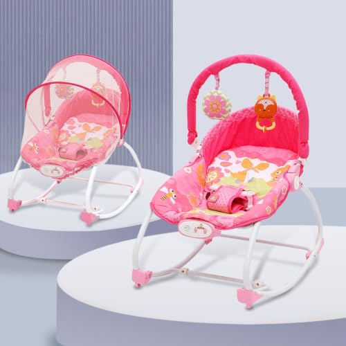 Image of INFANTSO Baby Rocker & Bouncer for 0 to 2 Years, Portable Chair for Newborn with Mosquito Net, Calming Vibrations, Soft Music & Hanging Toys, Adjustable Toddler Swing (Pink)