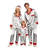 Matching Christmas Pajamas for Family Silk Satin Long Sleeve Button Comfy Loungewear for Family Holiday Xmas Pjs Silver