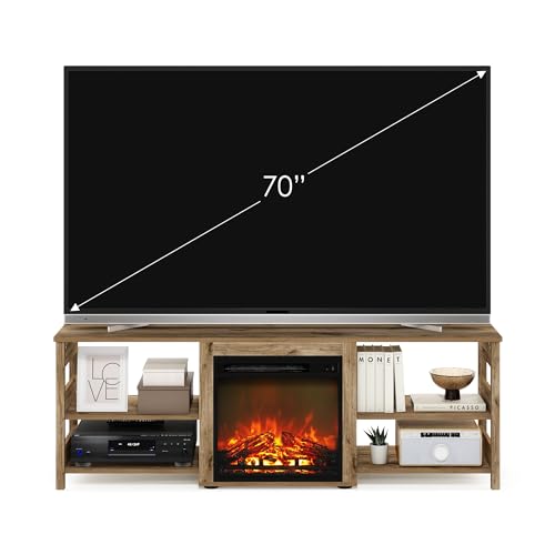 Image of Furinno Classic Fireplace TV Stand, Entertainment Center, TV Console for TV up to 70 Inch with Fireplace, for Living Room, Bedroom, Flagstaff Oak