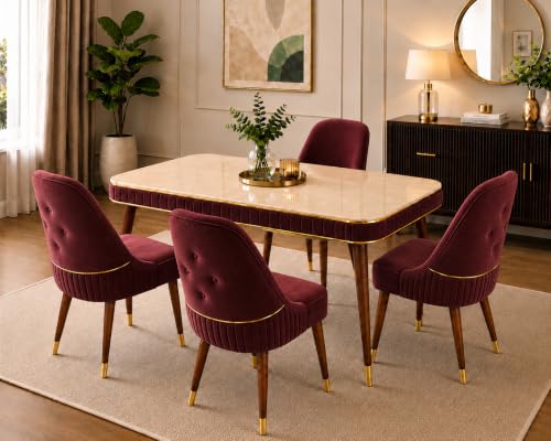 Image of WOODEN SPACE 4 Seater Wooden Dining Table Set | Urban Marble Top Dining Table with Chairs for Dining Room & Kitchen (Modern Grand Aura Maroon) (54 x 36 x 30 inch)