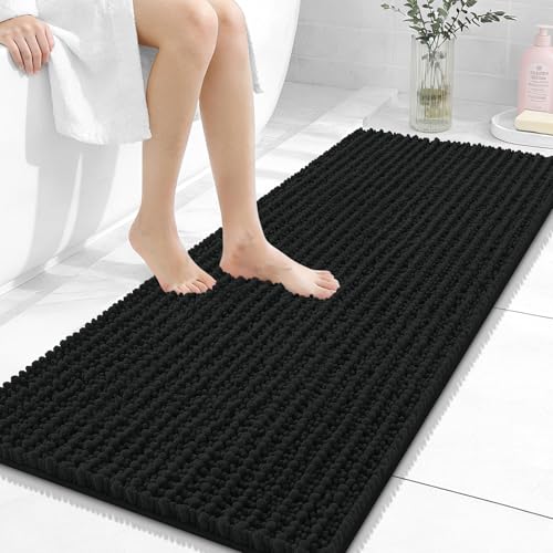 Image of OLANLY Long Bathroom Rugs Runner 47x20, Thick Soft and Absorbent Chenille Bath Mat, Non-Slip, Machine Washable Quick Dry Bath Rugs for Tub Shower Floor, Home Decor Accessories, Black