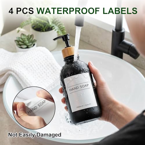 Image of KASUNTING Hand and Dish Soap Dispenser Set, Plastic Kitchen Soap Dispenser Set with Bamboo Tray, 17 Fl Oz Black Soap and Lotion Dispensers Sets with 4 Pack Labels for Kitchen & Bathroom Countertop