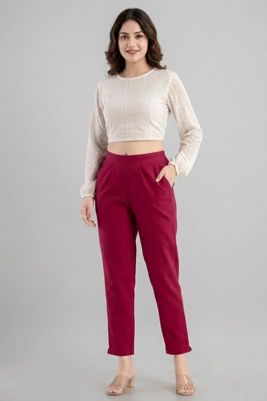 Image of Solid Cotton Woman Trousers Pants Regular Fit Kurti Pant with Drawstring Daily Office Formal Casual Use