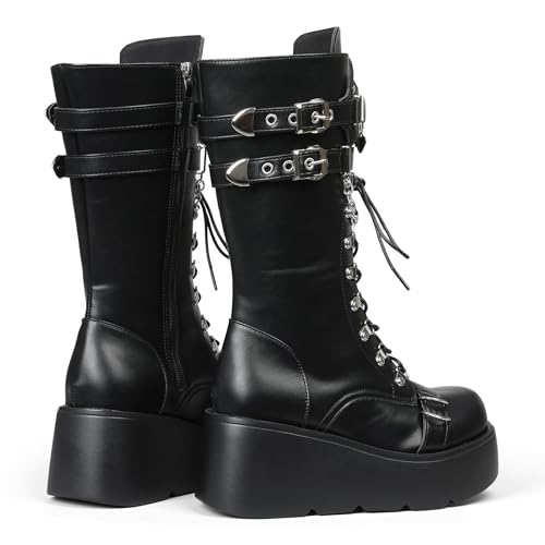 Women's Black Platform Boots Wedge Combat Gothic Chunky Heel Lace Up Mid Calf Punk Motorcycle Shoes3