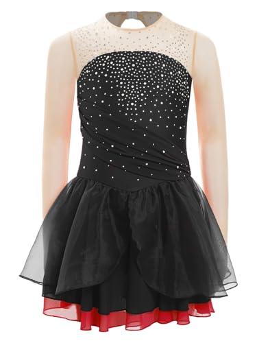 Jhaoyu Vestido de danza para niña, manga larga, con purpurina, gimnasia, maillot con tutú, falda de salsa, tango, jazz, rumba, danza, disfraz de salón de baile, Negro , 122-128