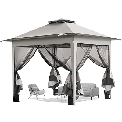 VIVOHOME Pop Up Gazebo 10x10ft Outdoor Canopy Tent with Mosquito Netting & 2 Tiers Roof for Patio Garden Backyard, Grey